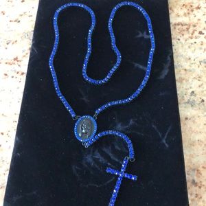 Blue black CZ rosary cross Jesus long necklace